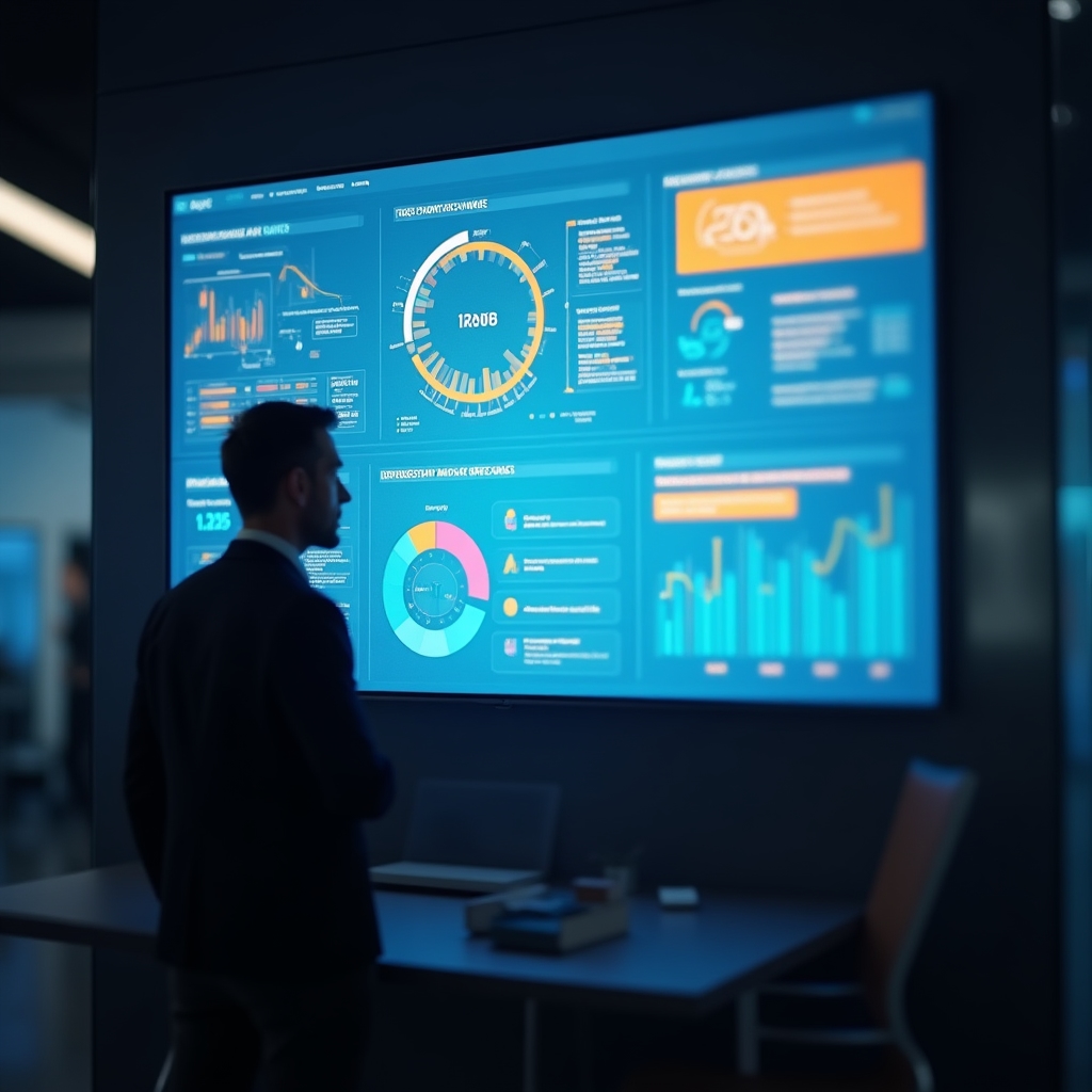 Infografica finanziaria colorata su schermo digitale con grafici chiari e icone intuitive su sfondo scuro