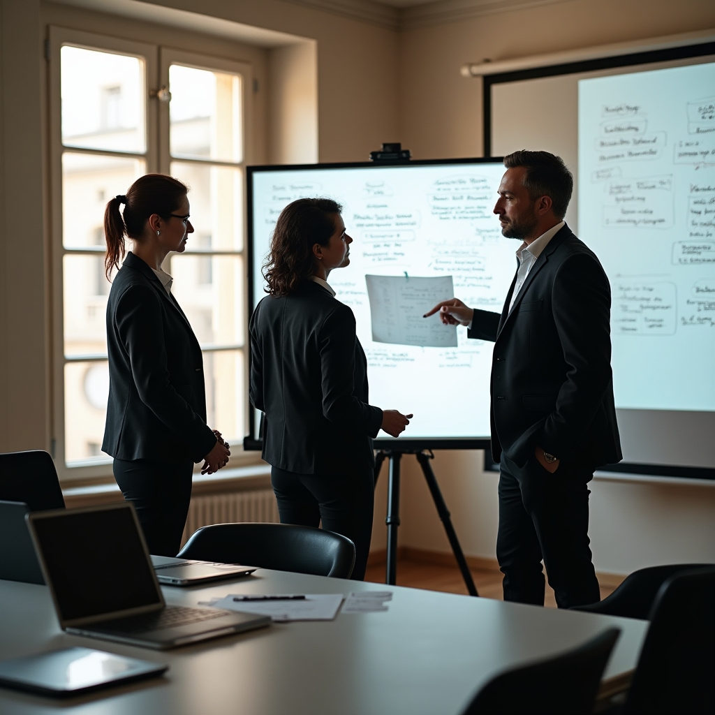 Team di Melody Horizon in riunione in una sala moderna, collaborando su contenuti educativi finanziari