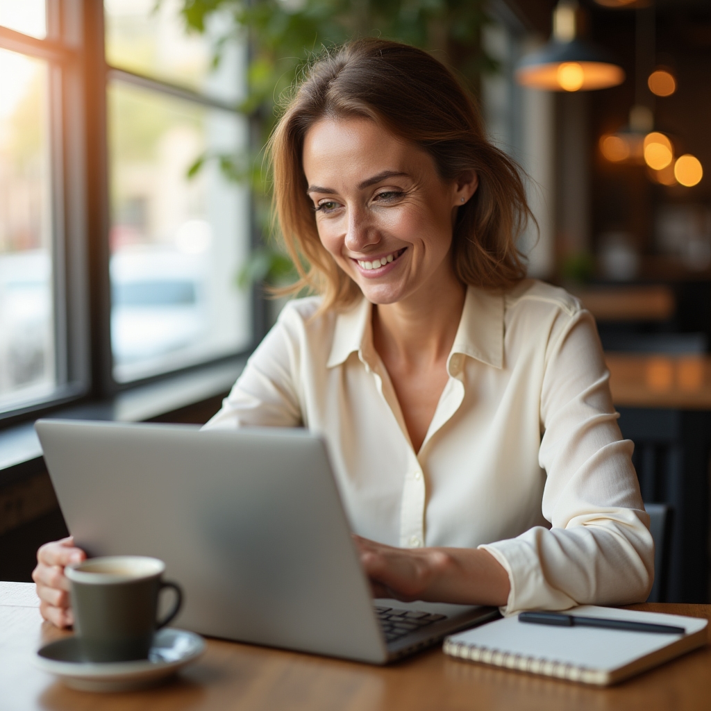 Persona che legge un articolo finanziario su laptop in un caffè luminoso, espressione concentrata